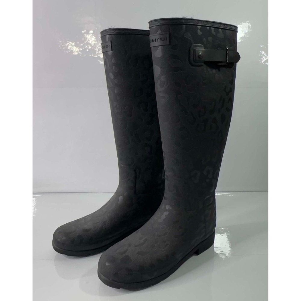 NEW Hunter Original Tall Leopard Print Rain Boots Black Womens Size 9 EU 40/41